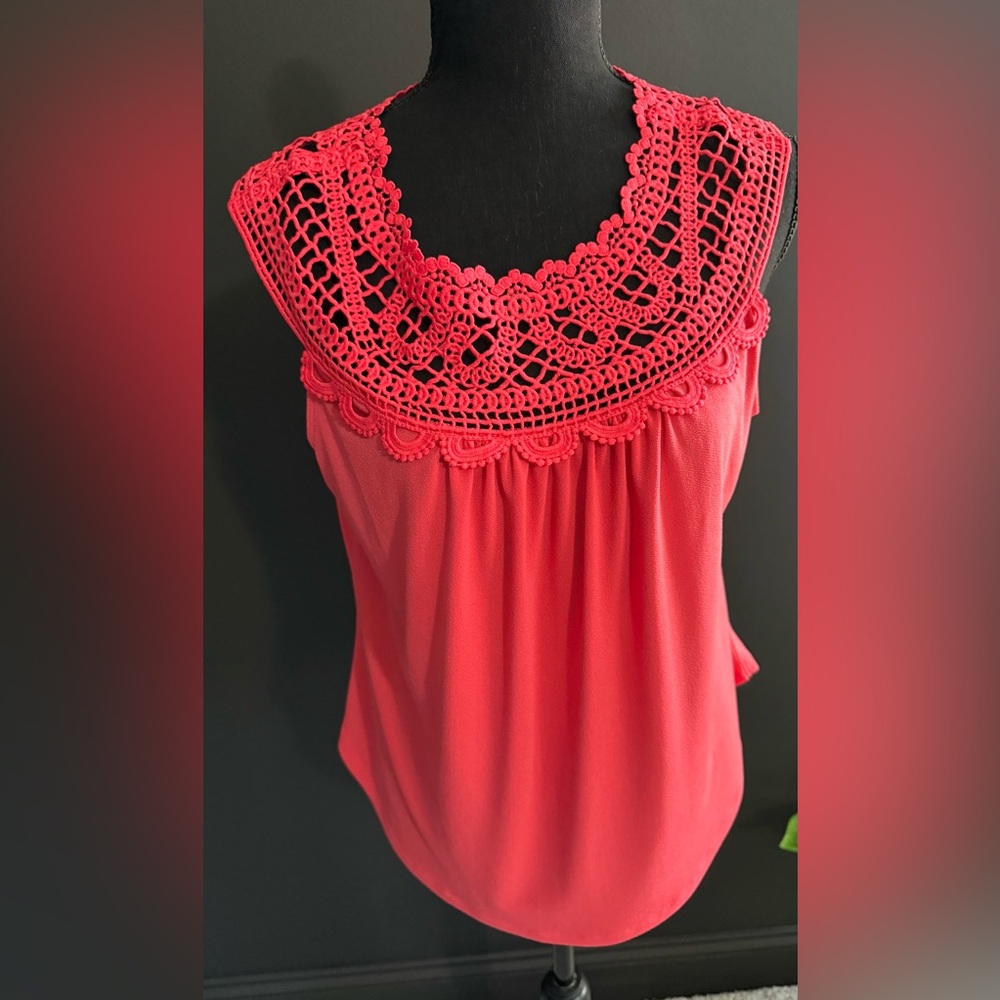 NY & Co Vibrant Coral Crochet Neck Blouse